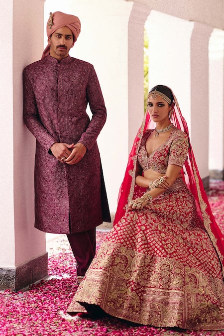 Shop_Mrunalini Rao_Purple Silk Embroidery Viraansh Sherwani And Pant Set _at_Aza_Fashions