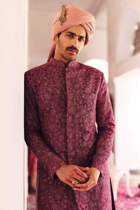 Shop_Mrunalini Rao_Purple Silk Embroidery Viraansh Sherwani And Pant Set _Online_at_Aza_Fashions