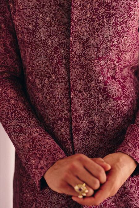 Mrunalini Rao_Purple Silk Embroidery Viraansh Sherwani And Pant Set _at_Aza_Fashions