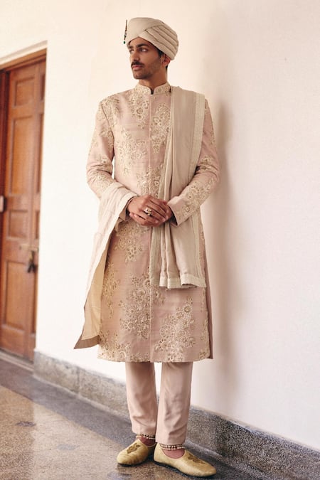 Mrunalini Rao Yuvin Raw Silk Floral Embroidered Sherwani Set 