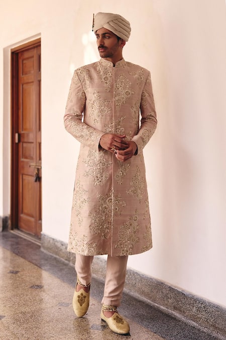Mrunalini Rao Yuvin Raw Silk Floral Embroidered Sherwani Set 