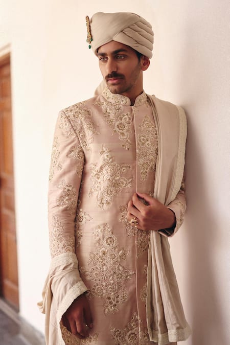 Shop Mrunalini Rao Beige Silk Embroidery Yuvin Raw Floral Sherwani Set Online at Aza Fashions Shop_Mrunalini Rao_Beige Silk Embroidery Yuvin Raw Floral Sherwani Set _Online_at_Aza_Fashions