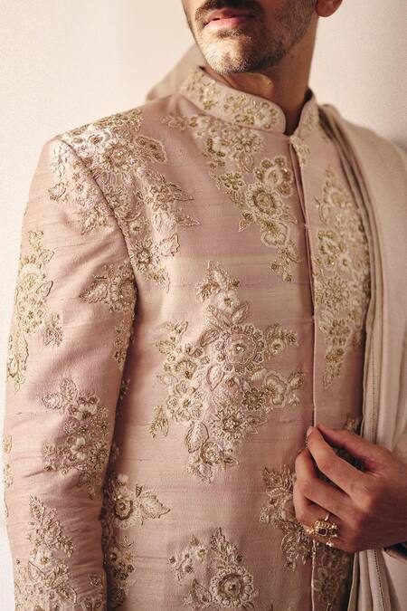 Mrunalini Rao Beige Silk Embroidery Yuvin Raw Floral Sherwani Set at Aza Fashions Mrunalini Rao_Beige Silk Embroidery Yuvin Raw Floral Sherwani Set _at_Aza_Fashions