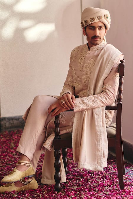 Shop Mrunalini Rao Beige Silk Embroidery Yuvin Raw Floral Sherwani Set Shop_Mrunalini Rao_Beige Silk Embroidery Yuvin Raw Floral Sherwani Set