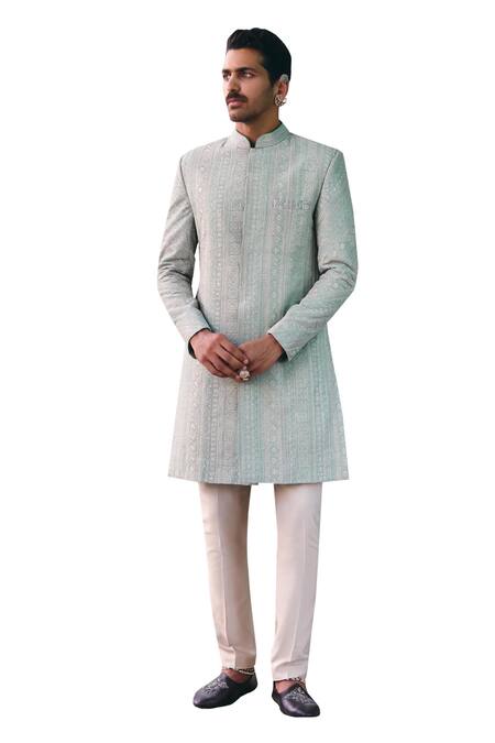 Mrunalini Rao_Blue Silk Embroidery Varenya Sherwani Pant Set _at_Aza_Fashions