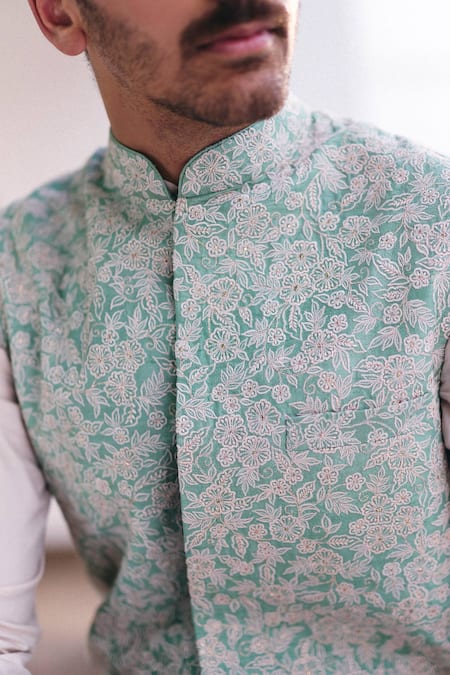 Mrunalini Rao Blue Silk Embroidery Mint Resham Bundi Kurta Set Online at Aza Fashions Mrunalini Rao_Blue Silk Embroidery Mint Resham Bundi Kurta Set _Online_at_Aza_Fashions