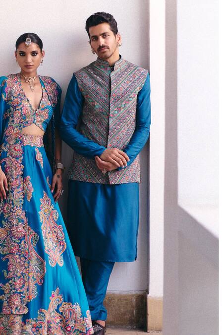 Mrunalini Rao Blue Silk Embroidery Arth Resham Bundi Pant Set Online at Aza Fashions Mrunalini Rao_Blue Silk Embroidery Arth Resham Bundi Pant Set _Online_at_Aza_Fashions