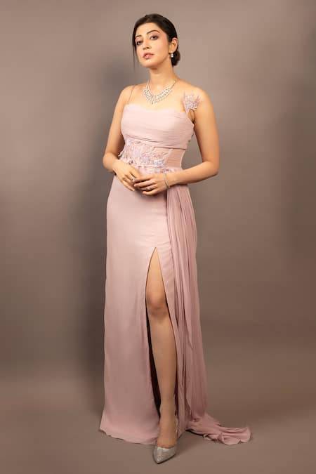 BAYA Pink Georgette Lining Viscose Crystallized Bloom Embellished Draped Gown 