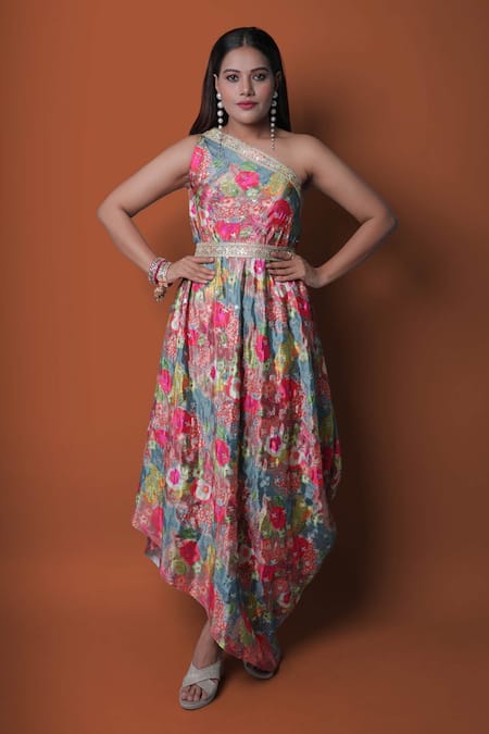 Meghna shah Multi Color Chinon Printed Floral Asymmetric One Shoulder Draped Gown 