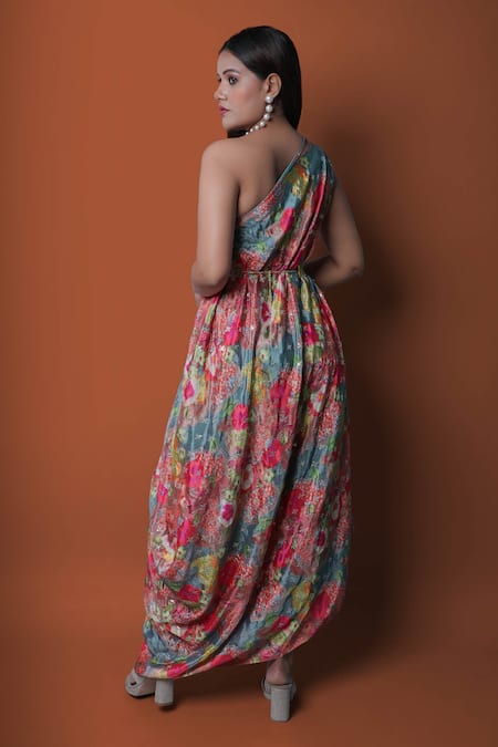 Meghna Shah Floral Print One Shoulder Draped Gown 