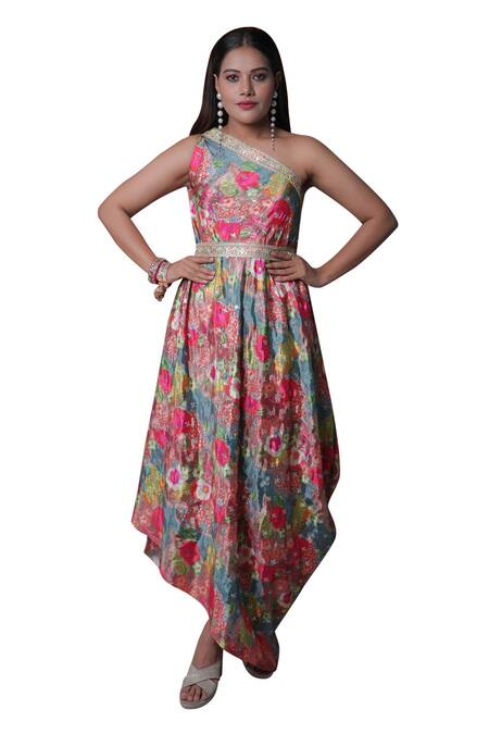 Meghna Shah Multi Color Chiffon Embroidery Asymmetric Floral Print One Shoulder Draped Gown Online at Aza Fashions Meghna Shah_Multi Color Chiffon Embroidery Asymmetric Floral Print One Shoulder Draped Gown _Online_at_Aza_Fashions