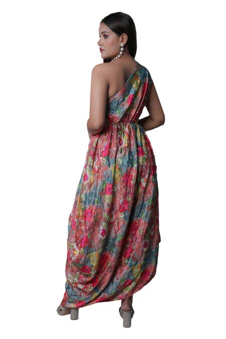 Buy Meghna Shah Multi Color Chiffon Embroidery Asymmetric Floral Print One Shoulder Draped Gown Online at Aza Fashions Buy_Meghna Shah_Multi Color Chiffon Embroidery Asymmetric Floral Print One Shoulder Draped Gown _Online_at_Aza_Fashions