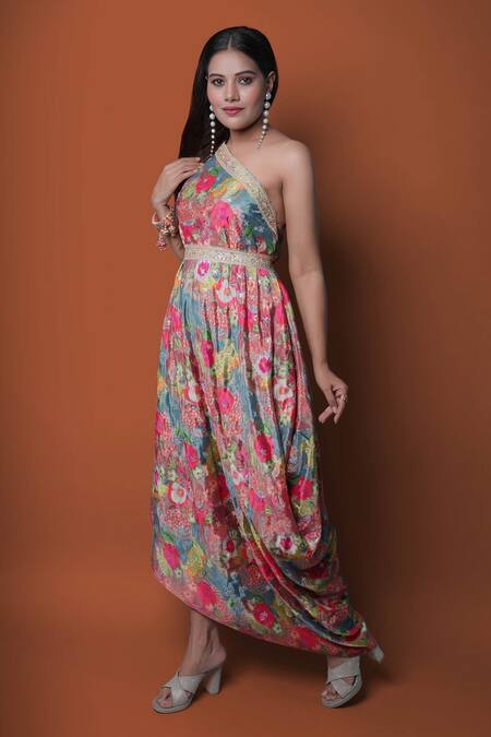 Meghna Shah Multi Color Chiffon Embroidery Asymmetric Floral Print One Shoulder Draped Gown at Aza Fashions Meghna Shah_Multi Color Chiffon Embroidery Asymmetric Floral Print One Shoulder Draped Gown _at_Aza_Fashions