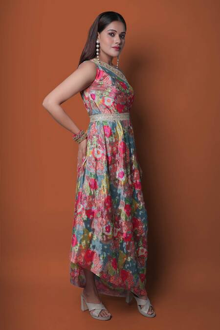 Buy Meghna Shah Multi Color Chiffon Embroidery Asymmetric Floral Print One Shoulder Draped Gown Buy_Meghna Shah_Multi Color Chiffon Embroidery Asymmetric Floral Print One Shoulder Draped Gown