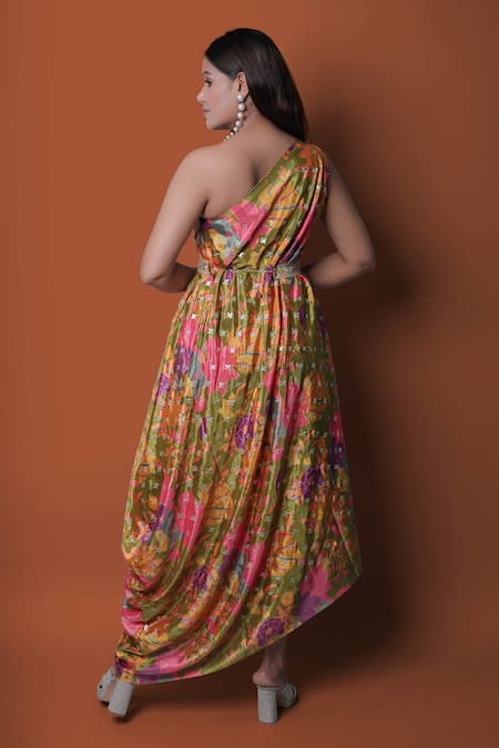 Shop_Meghna Shah_Multi Color Chinon Printed Floral Asymmetric Draped Gown _at_Aza_Fashions
