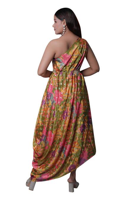 Meghna Shah_Multi Color Chinon Printed Floral Asymmetric Draped Gown _Online_at_Aza_Fashions