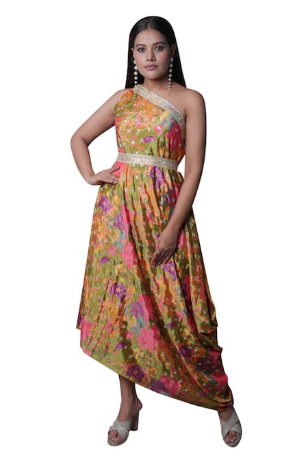 Buy_Meghna Shah_Multi Color Chinon Printed Floral Asymmetric Draped Gown _Online_at_Aza_Fashions