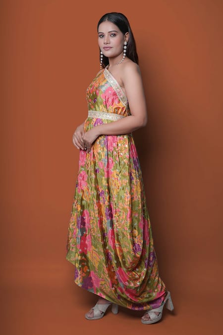 Shop_Meghna Shah_Multi Color Chinon Printed Floral Asymmetric Draped Gown _Online_at_Aza_Fashions