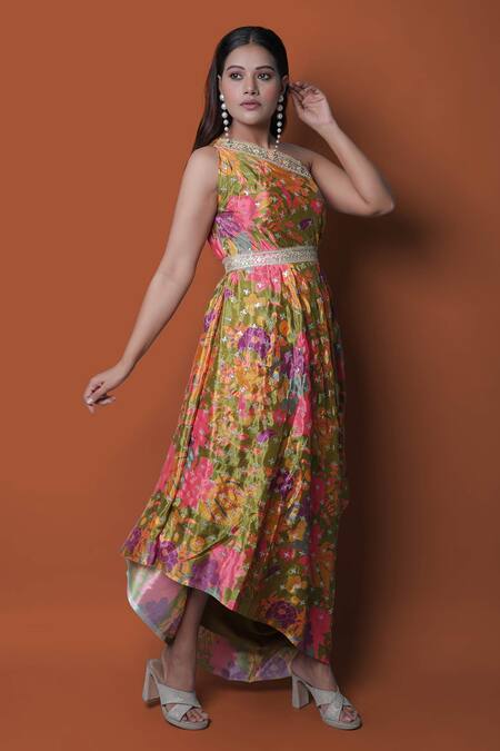 Buy_Meghna Shah_Multi Color Chinon Printed Floral Asymmetric Draped Gown 