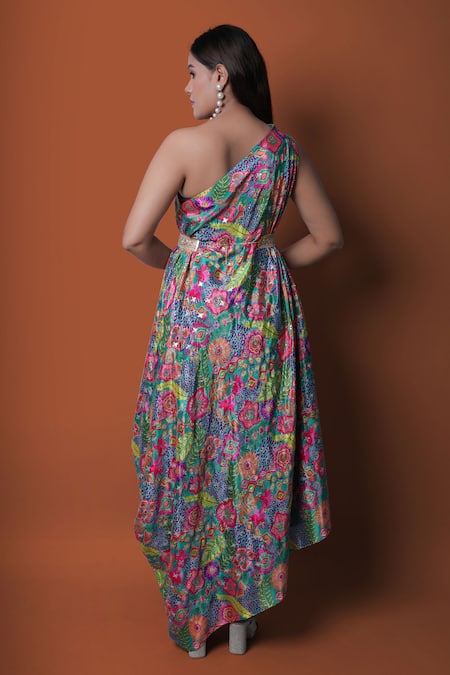 Shop_Meghna Shah_Multi Color Chinon Printed Floral Asymmetric One Shoulder Draped Gown _at_Aza_Fashions
