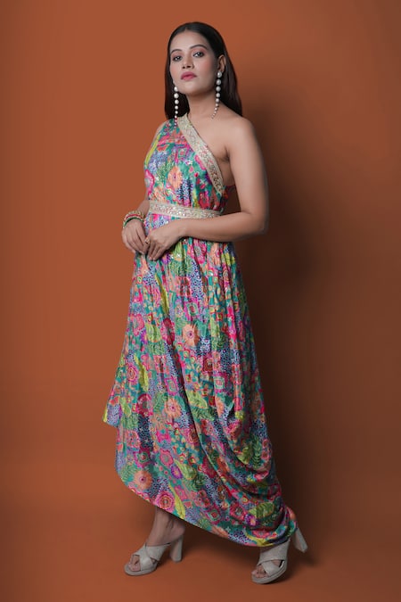 Meghna Shah_Multi Color Chinon Printed Floral Asymmetric One Shoulder Draped Gown _Online_at_Aza_Fashions