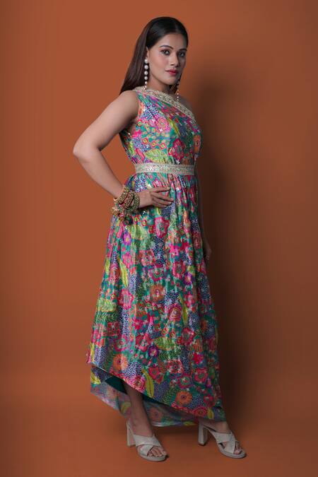 Buy_Meghna Shah_Multi Color Chinon Printed Floral Asymmetric One Shoulder Draped Gown _Online_at_Aza_Fashions