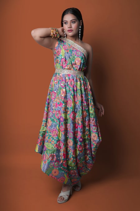 Meghna Shah_Multi Color Chinon Printed Floral Asymmetric One Shoulder Draped Gown _at_Aza_Fashions