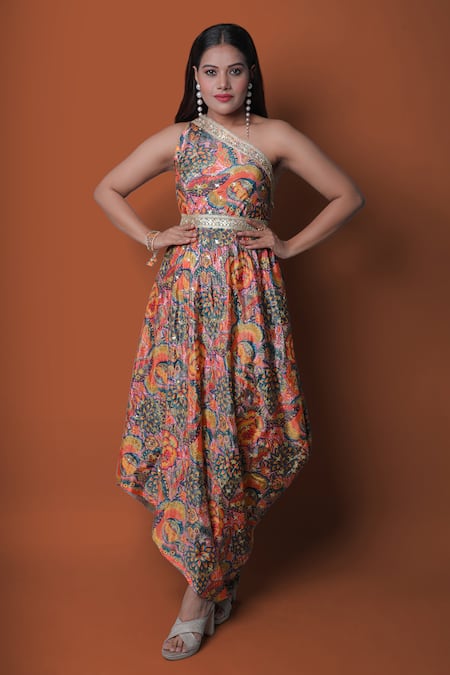 Meghna shah Multi Color Chinon Printed Floral Asymmetric One Shoulder Draped Gown 