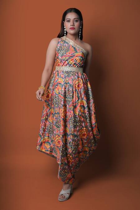 Buy_Meghna Shah_Multi Color Chiffon Embroidery Asymmetric One Shoulder Printed Draped Gown _Online_at_Aza_Fashions