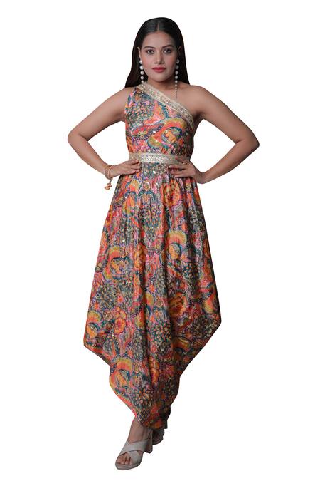 Shop_Meghna Shah_Multi Color Chiffon Embroidery Asymmetric One Shoulder Printed Draped Gown _Online_at_Aza_Fashions