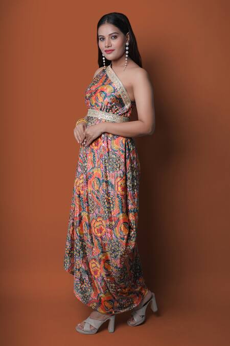 Meghna Shah_Multi Color Chiffon Embroidery Asymmetric One Shoulder Printed Draped Gown _at_Aza_Fashions