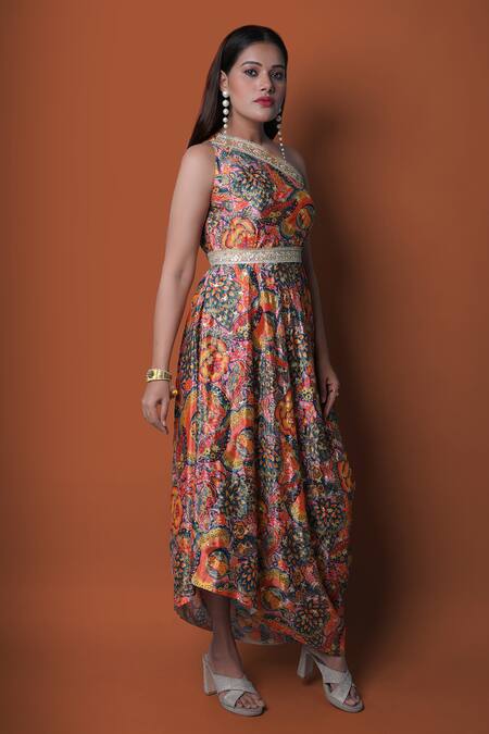 Buy_Meghna Shah_Multi Color Chiffon Embroidery Asymmetric One Shoulder Printed Draped Gown 