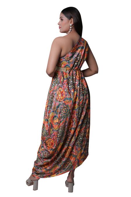 Shop_Meghna Shah_Multi Color Chiffon Embroidery Asymmetric One Shoulder Printed Draped Gown 