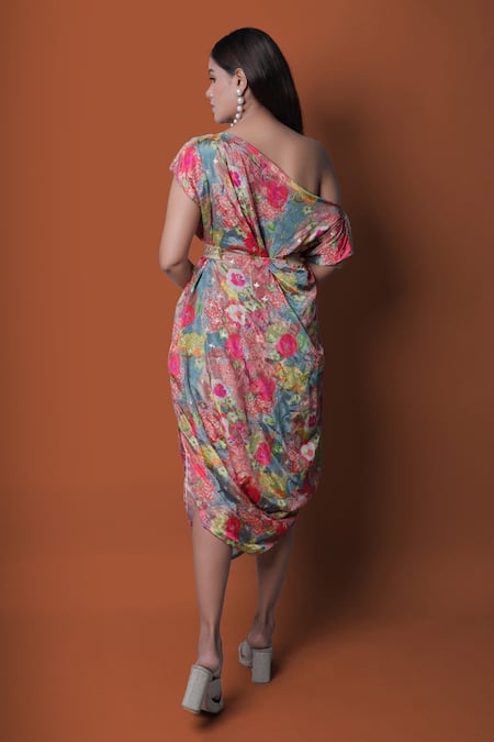 Meghna Shah Floral Print Off-Shoulder Draped Dress 