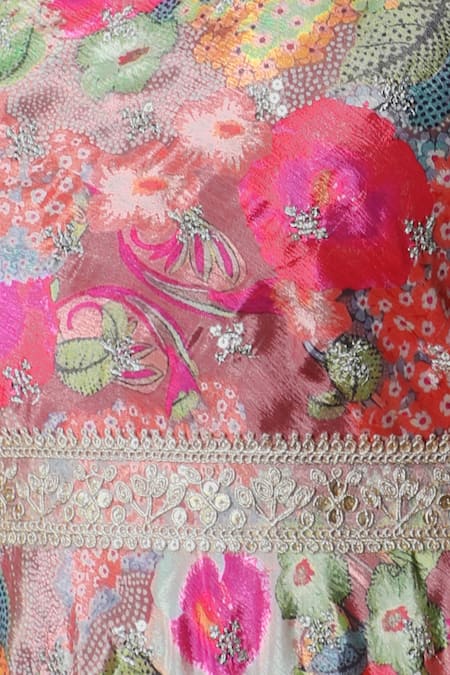 Meghna Shah_Multi Color Chiffon Embroidery Asymmetric Floral Print Off-shoulder Draped Dress _Online_at_Aza_Fashions