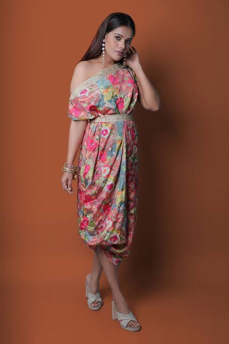 Buy_Meghna Shah_Multi Color Chiffon Embroidery Asymmetric Floral Print Off-shoulder Draped Dress _Online_at_Aza_Fashions