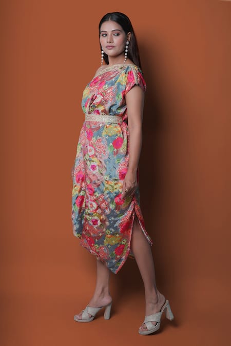 Shop_Meghna Shah_Multi Color Chiffon Embroidery Asymmetric Floral Print Off-shoulder Draped Dress _Online_at_Aza_Fashions
