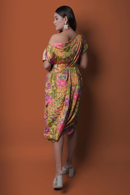 Shop_Meghna Shah_Multi Color Chinon Printed Floral Asymmetric Draped Dress _at_Aza_Fashions