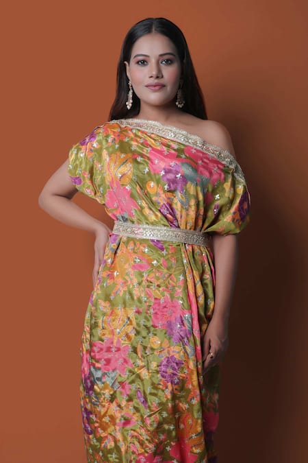Buy_Meghna Shah_Multi Color Chinon Printed Floral Asymmetric Draped Dress _Online_at_Aza_Fashions