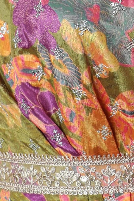 Shop_Meghna Shah_Multi Color Chinon Printed Floral Asymmetric Draped Dress _Online_at_Aza_Fashions