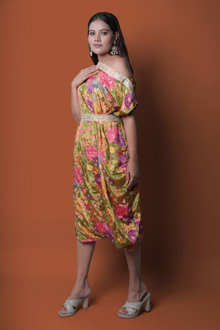 Meghna Shah_Multi Color Chinon Printed Floral Asymmetric Draped Dress _at_Aza_Fashions