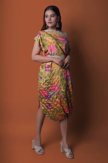Buy_Meghna Shah_Multi Color Chinon Printed Floral Asymmetric Draped Dress 