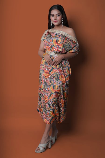 Meghna shah Multi Color Chinon Printed Floral Asymmetric Off-shoulder Draped Dress 