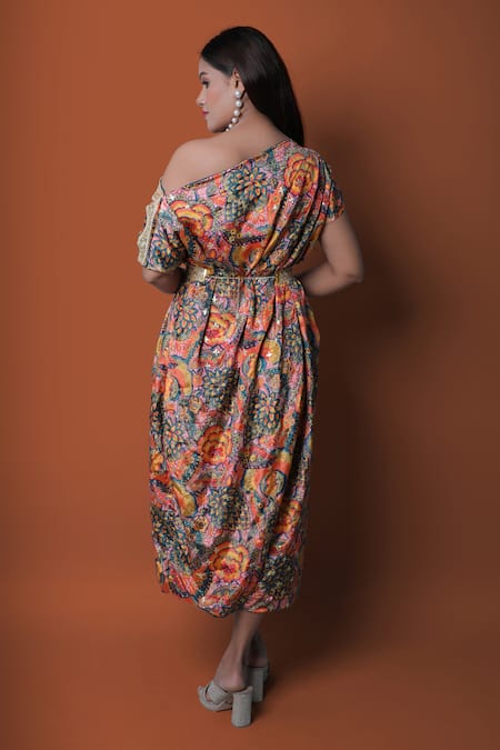Shop_Meghna Shah_Multi Color Chinon Printed Floral Asymmetric Off-shoulder Draped Dress _at_Aza_Fashions