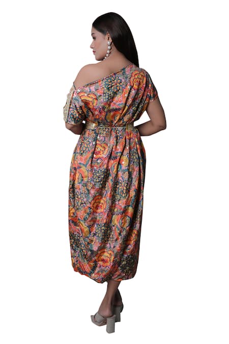 Meghna Shah_Multi Color Chinon Printed Floral Asymmetric Off-shoulder Draped Dress _Online_at_Aza_Fashions