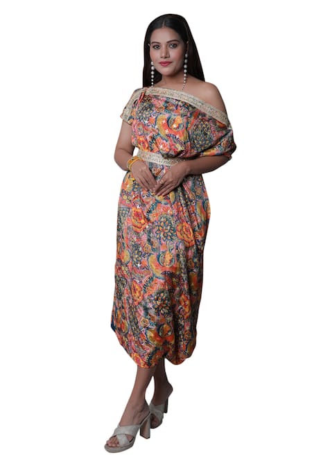 Buy_Meghna Shah_Multi Color Chinon Printed Floral Asymmetric Off-shoulder Draped Dress _Online_at_Aza_Fashions