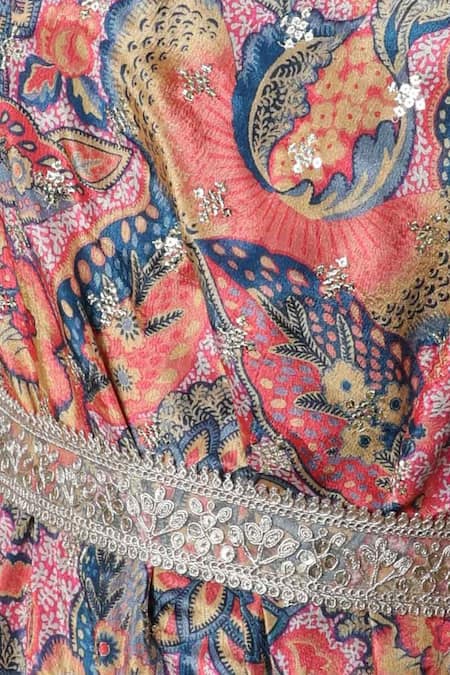 Shop_Meghna Shah_Multi Color Chinon Printed Floral Asymmetric Off-shoulder Draped Dress _Online_at_Aza_Fashions