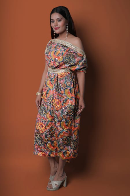 Meghna Shah_Multi Color Chinon Printed Floral Asymmetric Off-shoulder Draped Dress _at_Aza_Fashions
