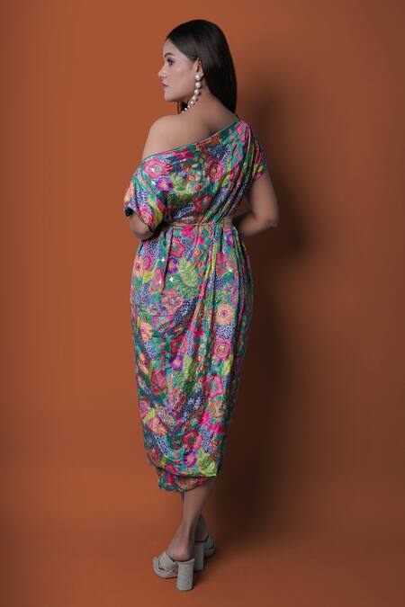 Shop_Meghna Shah_Multi Color Chinon Printed Floral Asymmetric Off-shoulder Dress _at_Aza_Fashions