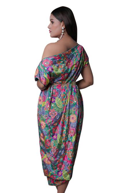 Meghna Shah_Multi Color Chinon Printed Floral Asymmetric Off-shoulder Dress _Online_at_Aza_Fashions